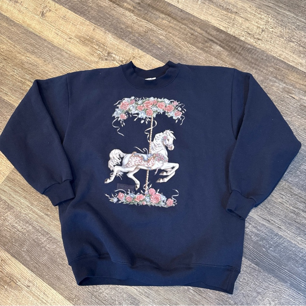 Vintage Won’s Wear Navy Carousel Horse Sweater Sweatshirt Size XL Crewneck Y2K